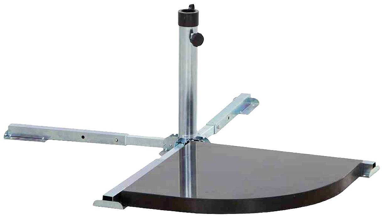 Metallischer Standfuß mit ausziehbaren Armen und einer Befestigungsvorrichtung oben, geeignet für Schirme oder ähnliche Strukturen.