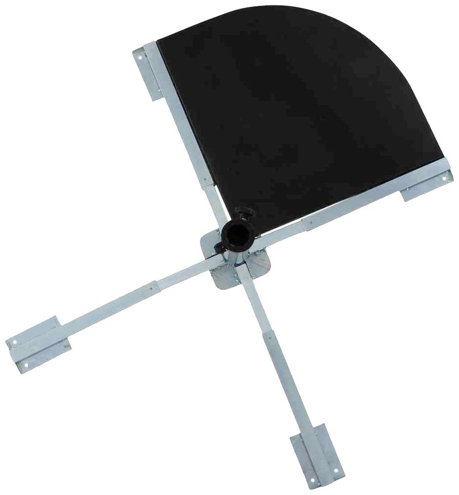 Ein schwarzes, halbkreisförmiges Brett mit einem zentralen Befestigungspunkt und zwei kreuzförmigen Metallstreben zur Stabilisierung.