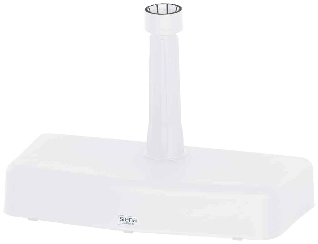 Weiße Kunststoffbasis eines Sonnenschirms mit Ständer montiert, geeignet zur Stabilisierung und Fixierung des Schirms für den Außeneinsatz.