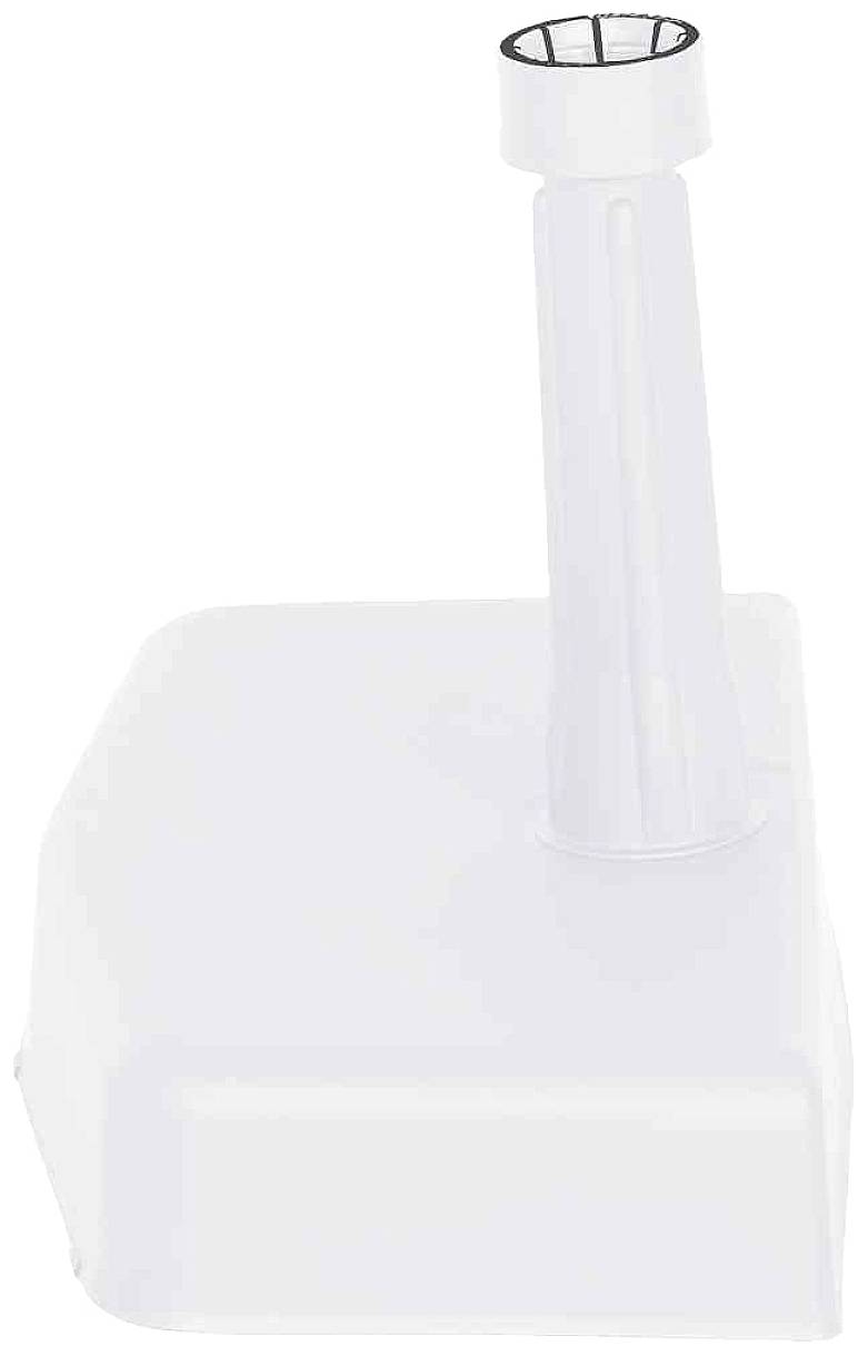 Ein weißes, rechteckiges Gerät mit einem hohen, dünnen Rohr an der Ecke. Oben am Rohr ist ein kleiner runder Einsatz zu sehen.