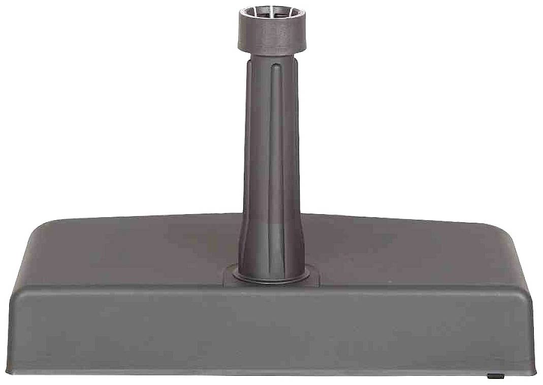 Ein schwarzer Schirmständer mit rechteckiger Basis und einem Rohr in der Mitte zur Befestigung eines Sonnenschirms.