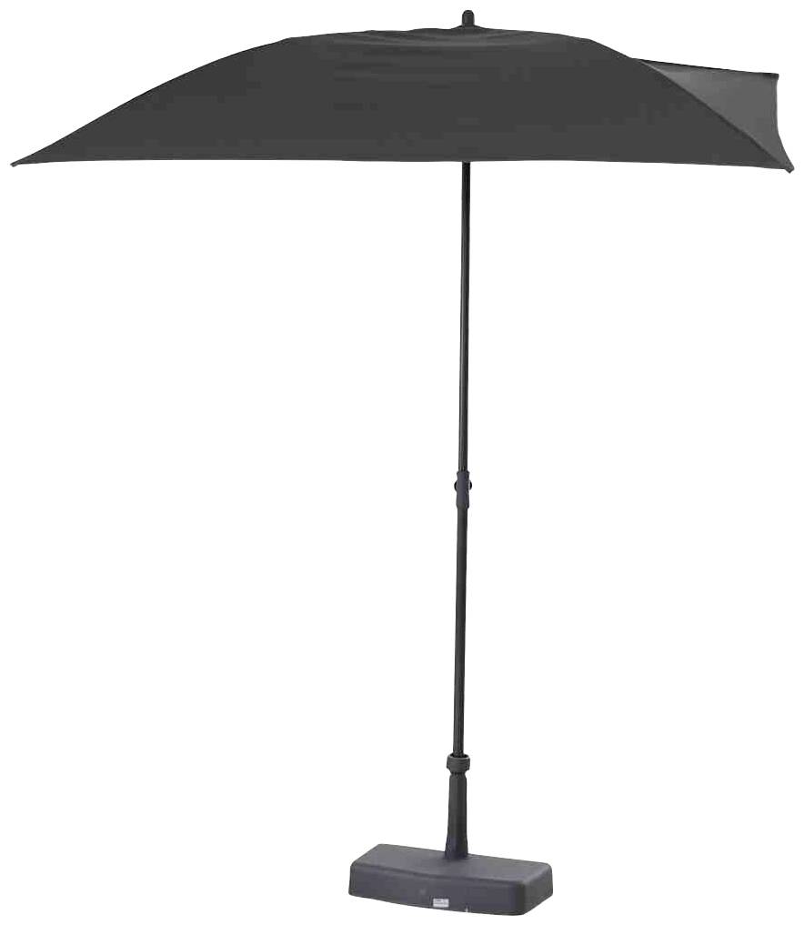 Schwarzer Sonnenschirm mit rechteckigem Stoffbezug, verstellbarem Ständer und stabilem rechteckigen Sockel. Geeignet für den Außenbereich.