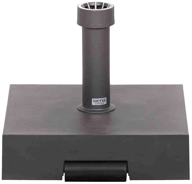 Eine quadratische Basis hält eine vertikale, röhrenförmige Halterung mit dem Aufdruck 'Siena Candles'.