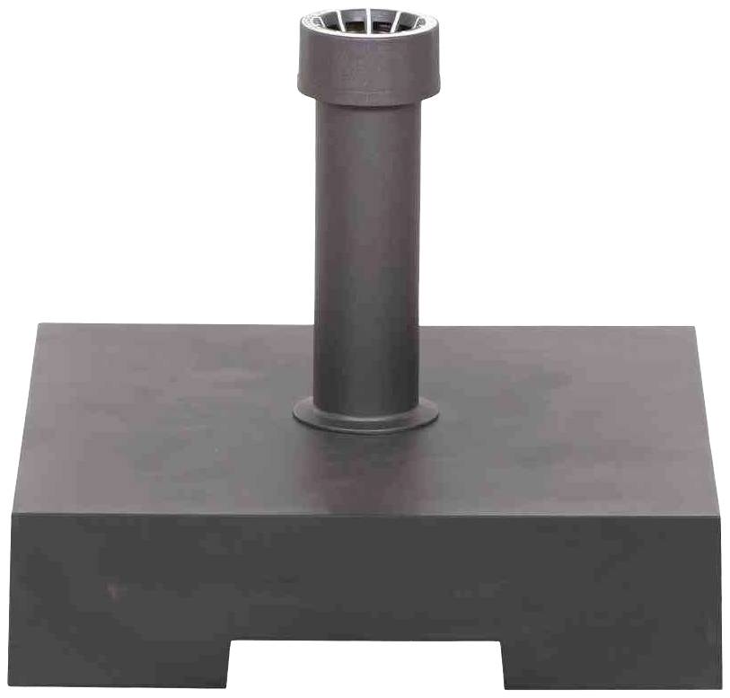 Ein stabiler, rechteckiger Sonnenschirmständer aus dunklem Material mit zylindrischem Rohr zur Halterung eines Sonnenschirms.