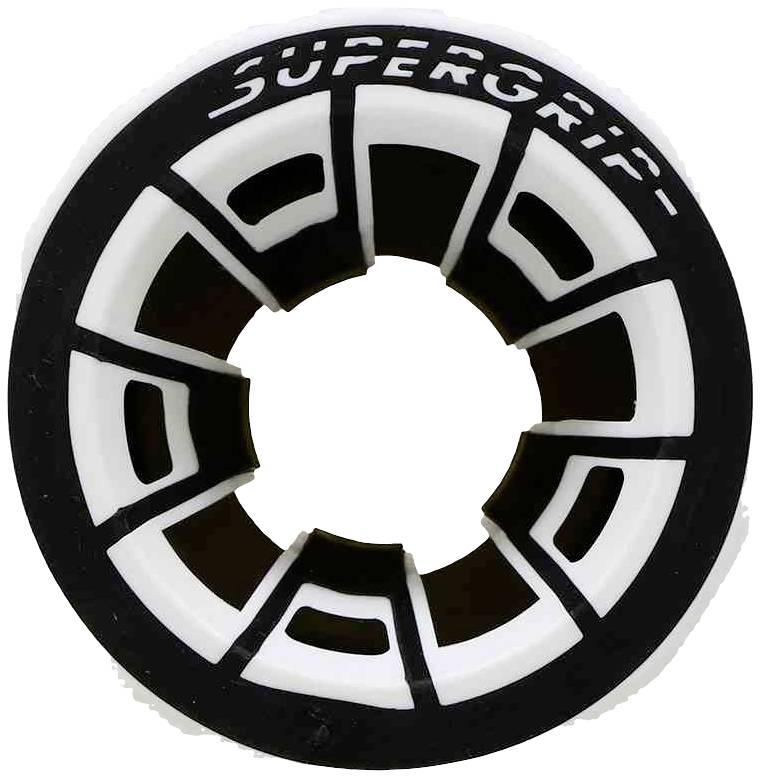 Eine weiße und schwarze Rollerskate-Rolle mit der Aufschrift 'SUPERGRIP' am Rand.