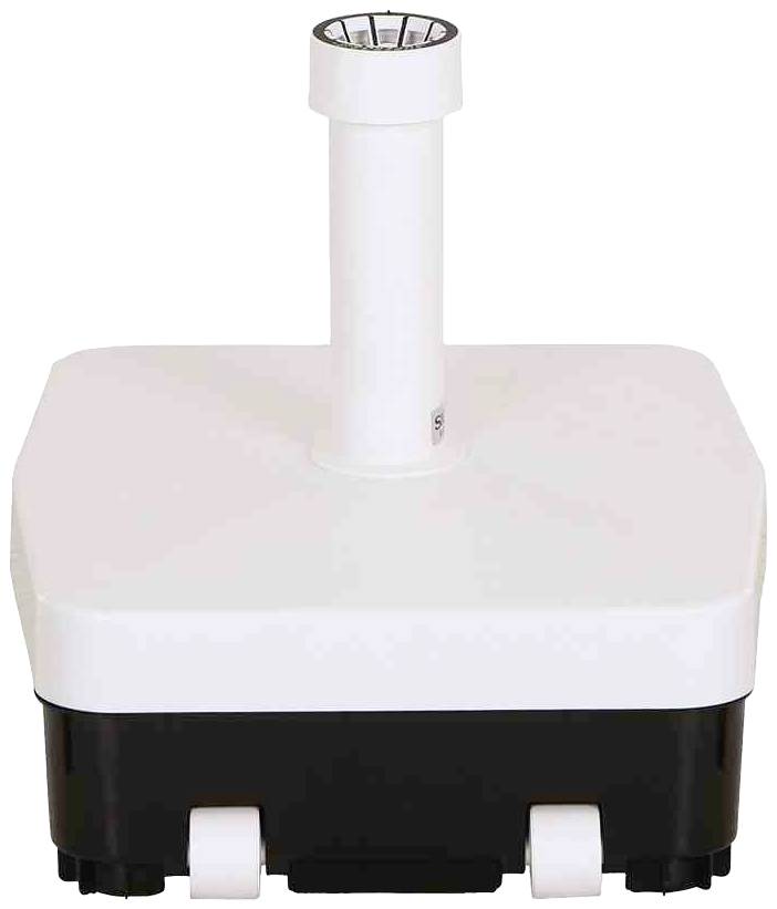 Ein weiß-schwarzes technisches Gerät mit einem zentralen vertikalen Rohr und einigen Rollen an der Basis. Zweck unbestimmt.