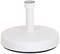 Eine weiße runde Bodenhalterung mit einem zentralen vertikalen Stab und einer Metallöffnung oben, wahrscheinlich für einen Sonnenschirm oder eine ähnliche Struktur.