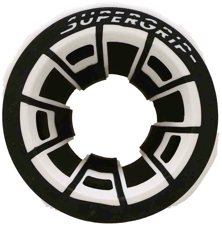 Schwarz-weiße Rolle mit dem Schriftzug 'SUPERGRIP', möglicherweise ein Skate- oder Rollenbladenrad.