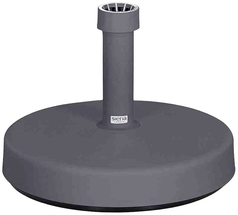 Ein runder, grauer Sonnenschirmständer mit einem zylindrischen Rohr in der Mitte.