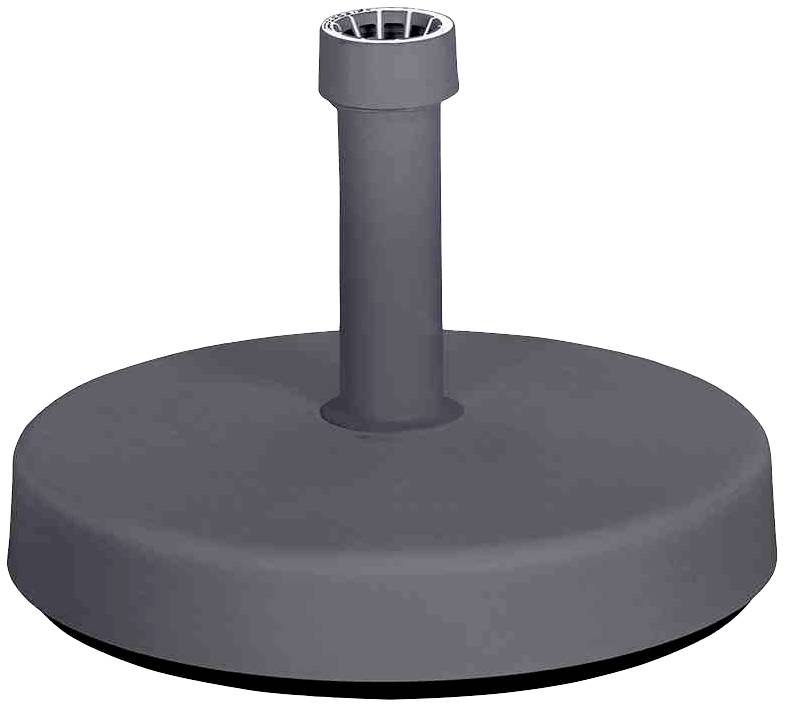 Dunkelgrauer, runder Sonnenschirmständer mit senkrechtem Rohr in der Mitte zur Befestigung eines Sonnenschirms.
