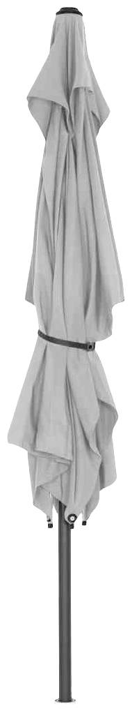 Zusammengeklappter grauer Sonnenschirm mit schwarzem Ständer.