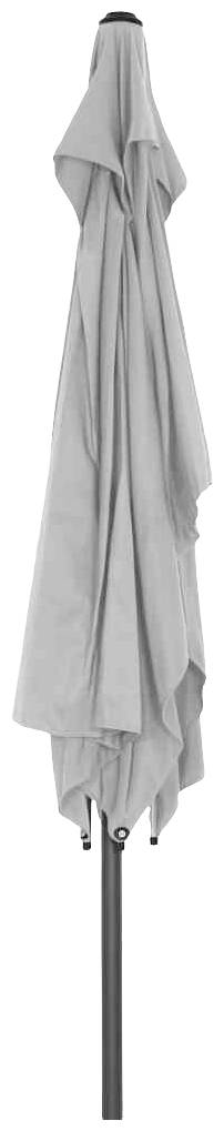 Geschlossener grauer Sonnenschirm aufrecht stehend.