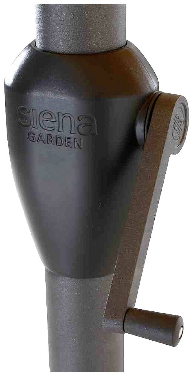 Kurbel eines Sonnenschirms der Marke 'Siena Garden' an einem silbernen Metallrohr.