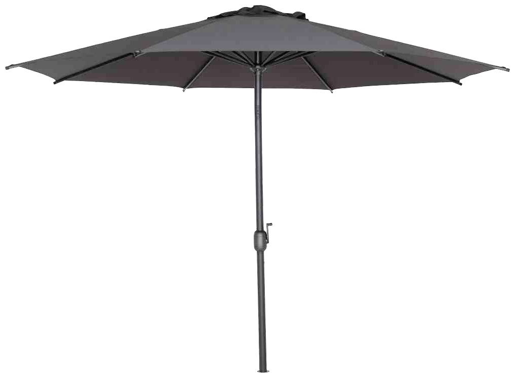 Großer dunkelgrauer Sonnenschirm mit Handkurbel in der Mitte, geöffnet, freistehend vor weißem Hintergrund.