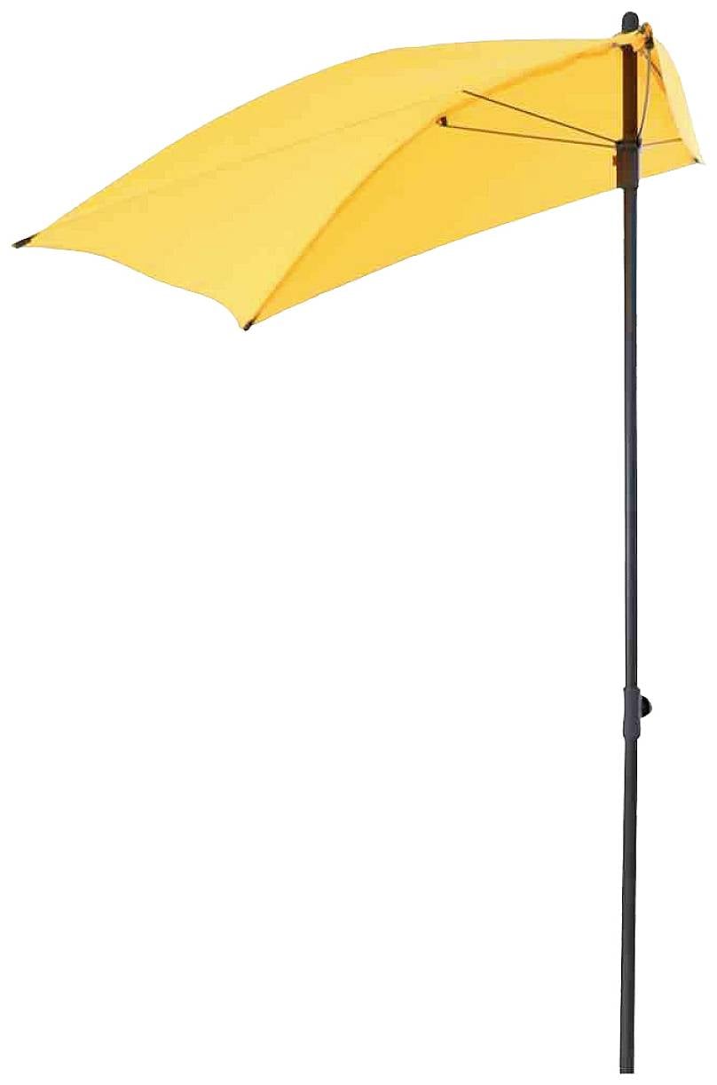 Gelber Sonnenschirm mit schwarzem Ständer, geöffnet, vor weißem Hintergrund. Ideal für Schatten an sonnigen Tagen.