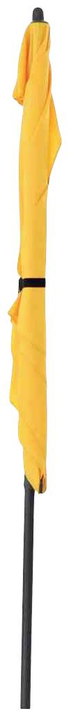 Geschlossener gelber Sonnenschirm an einem schwarzen Ständer.