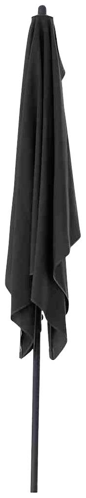 Geschlossener schwarzer Sonnenschirm auf einem Ständer, in senkrechter Position.