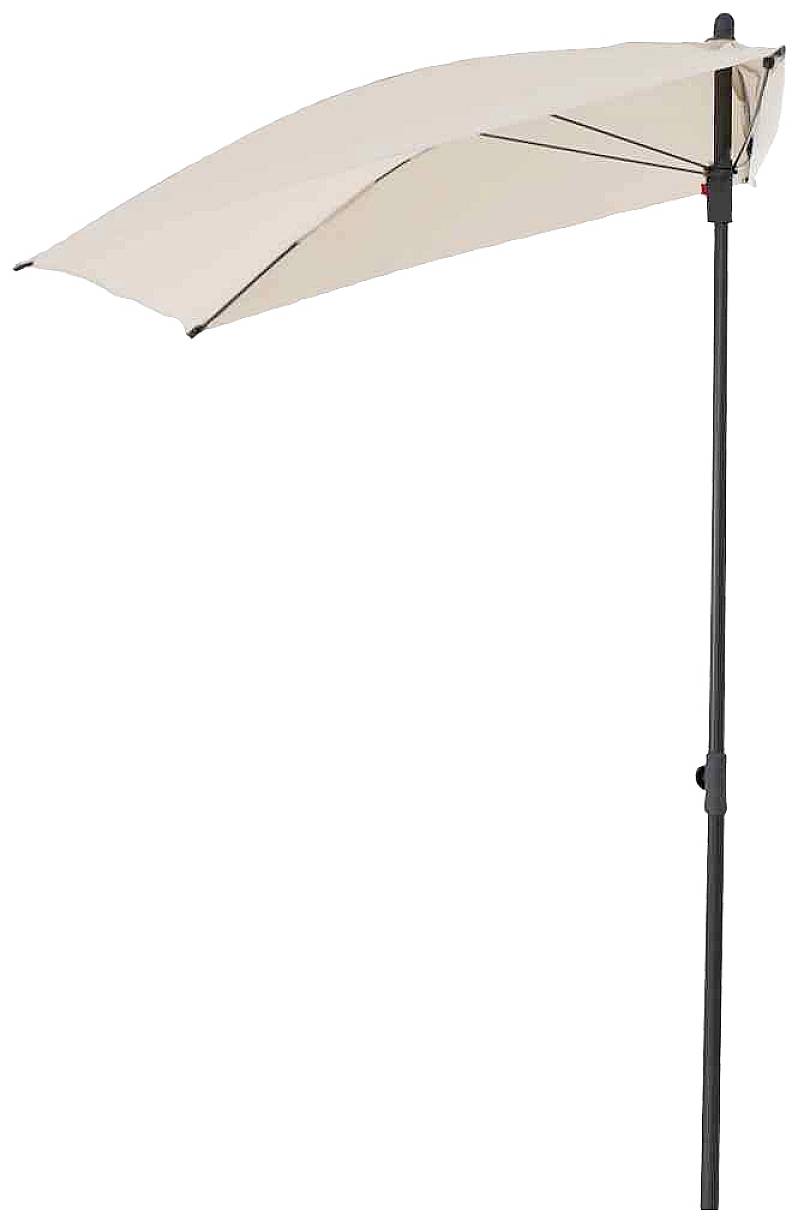 Ein beige Sonnenschirm mit schwarzem Gestell, neigbar zur Seite, für Balkone oder Terrassen. Ideal zum Schutz vor direkter Sonneneinstrahlung.