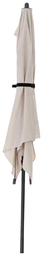 Beiger, geschlossener Sonnenschirm auf schwarzem Ständergestell.