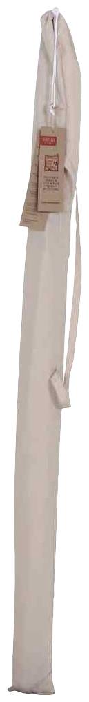 Eine beige Tragetasche mit einem langen Griff und Etikett, das an der Tasche befestigt ist.