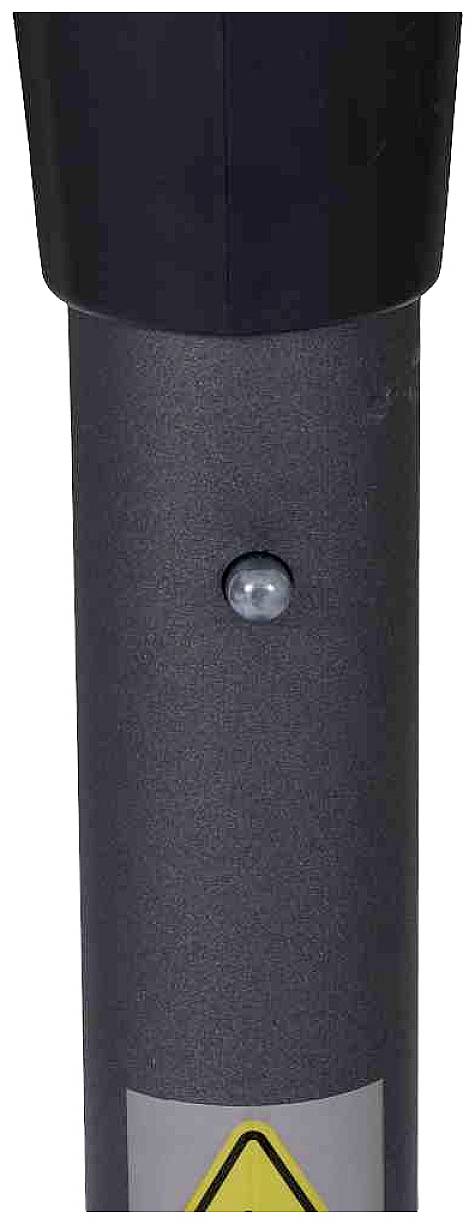 Eine graue Metallstange mit einer kleinen hervorstehenden Rundkopfschraube in der Mitte. Oben ist ein schwarzer zylindrischer Abschnitt sichtbar.