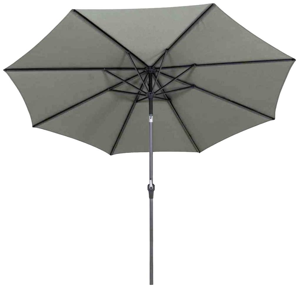 Ein grauer Gartenschirm mit acht Segmenten und einem zentralen Metallstab, geöffnet und bereit zum Schutz vor Sonne.