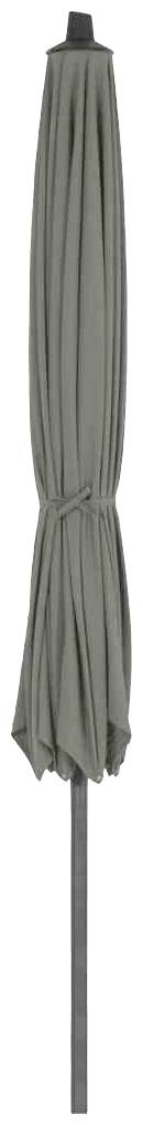 Geschlossener grauer Sonnenschirm mit schwarzem Ständer.