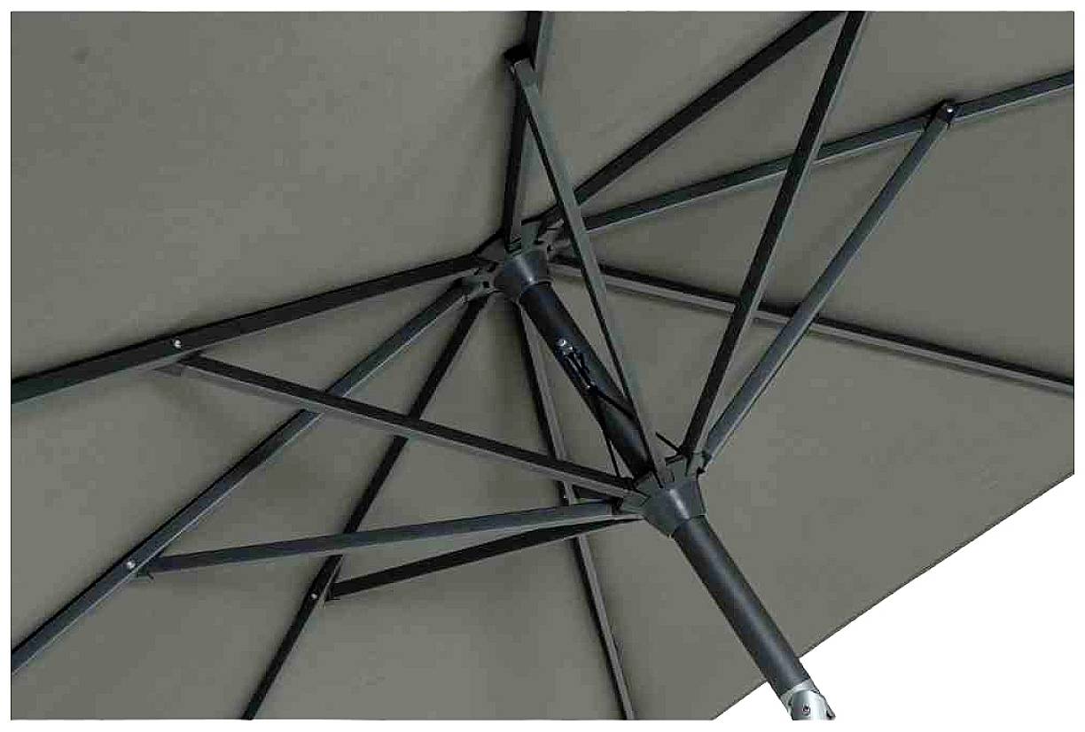 Schwarzer Sonnenschirm mit robuster Metallkonstruktion und grauem Stoff. Detailansicht der Streben und des Kippmechanismus.