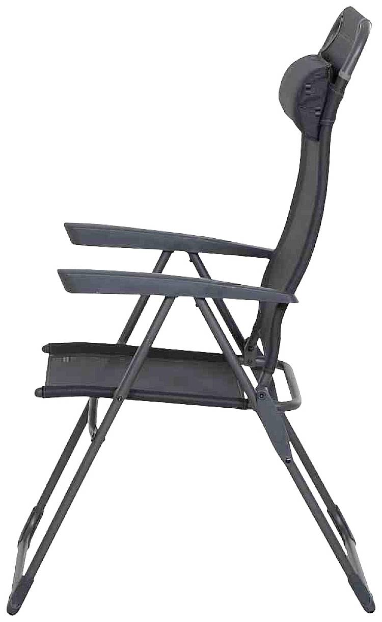 Klappliege mit gepolsterter Rückenlehne, Armlehnen und schwarzem Metallrahmen, in Seitenansicht. Ideal für Outdoor-Nutzung.