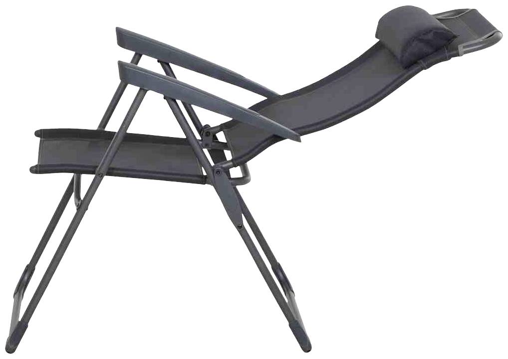 Ein schwarzer verstellbarer Liegestuhl mit gepolsterter Kopfstütze, geeignet für Entspannung im Freien oder im Garten.