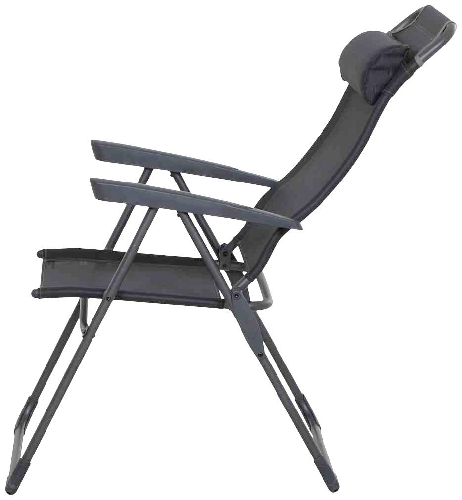 Schwarzer klappbarer Gartenstuhl mit Kopfstütze, seitliche Ansicht, zeigt Armlehnen und stabilen Metallrahmen.