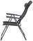 Ein zusammenklappbarer Gartenstuhl mit hoher Rückenlehne und Armlehnen, seitliche Ansicht. Der Stuhl ist grau und aus Metall.