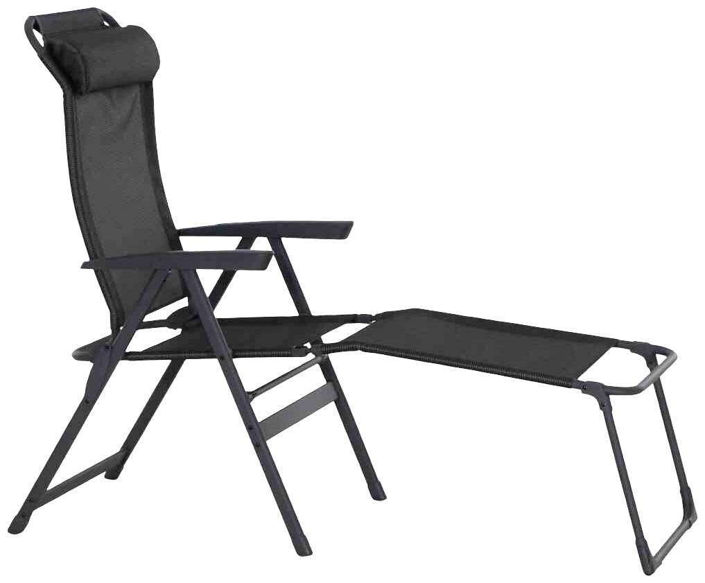 Ein schwarzer Liegestuhl mit hoher Rückenlehne, Kopfkissen und ausklappbarem Fußteil. Ideal für Garten oder Terrasse.