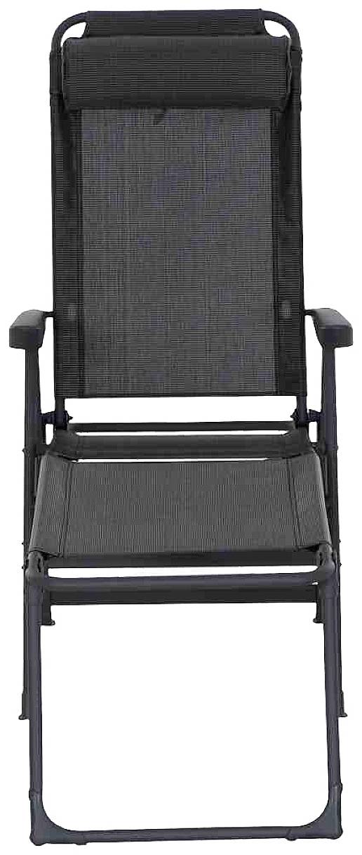 Ein schwarzer, faltbarer Gartenstuhl mit Armlehnen und hoher Rückenlehne, ideal für den Außenbereich.
