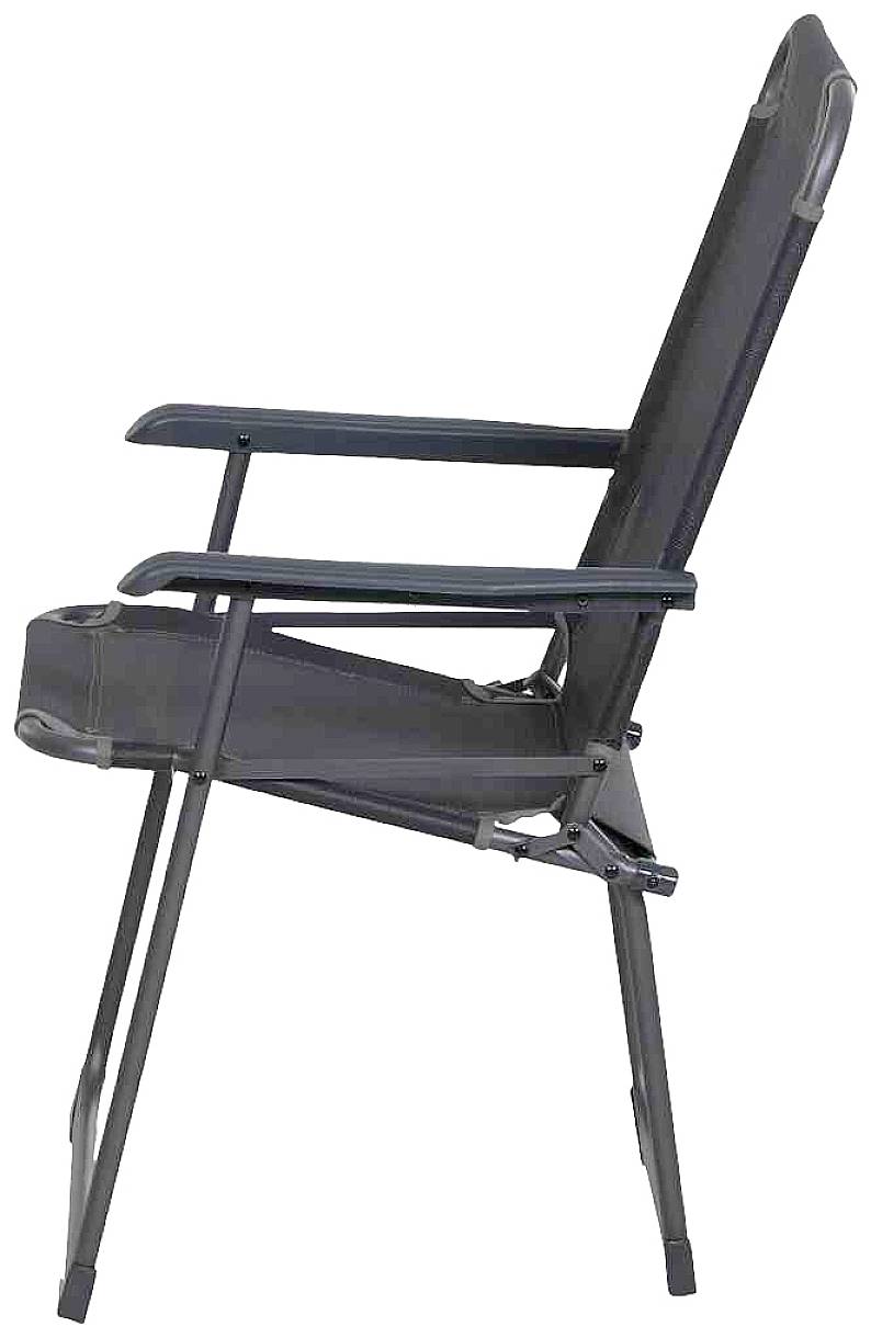 Klappbarer Campingstuhl aus schwarzem Stoff mit Metallgestell, Seitenansicht. Ideal für Outdoor-Aktivitäten.