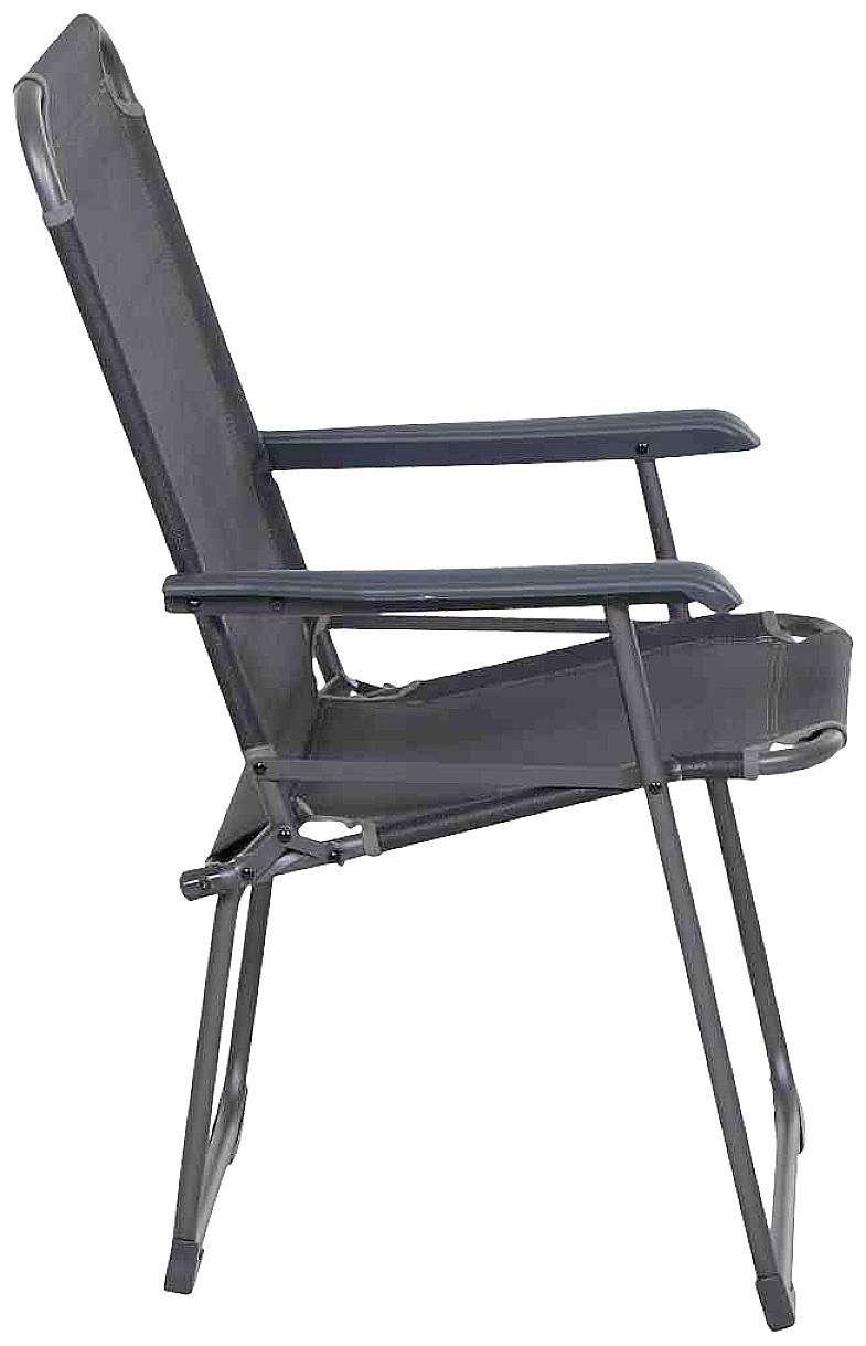 Campingstuhl in Seitenansicht, grau, mit Armlehnen und Metallrahmen. Geeignet für Outdoor-Aktivitäten und leicht transportierbar.