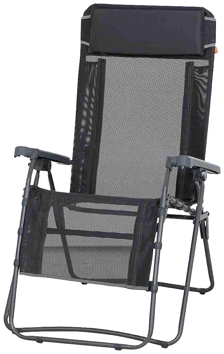 Ein schwarzer, verstellbarer Gartenstuhl mit Netzrückenlehne und Armlehnen. Ideal für Entspannung im Freien.