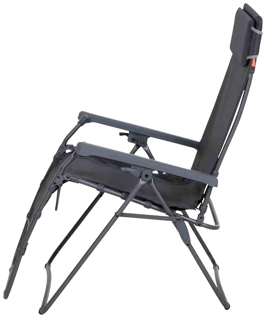 Ein klappbarer Campingstuhl mit dunkelgrauem Stoff und einem stufenlos verstellbaren Rückenlehnenmechanismus.