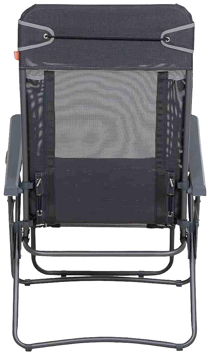 Klappbarer Campingstuhl mit dunklem Stoffbezug, Armlehnen und stabilen Metallrahmen, von hinten gesehen, geeignet für Outdoor-Einsatz.