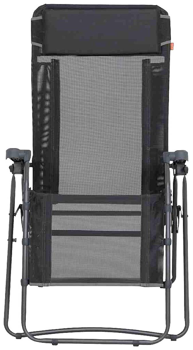 Schwarzer Liegestuhl mit verstellbarer Rückenlehne und Armlehnen, aus Netzmaterial. Ideal für Garten oder Terrasse.