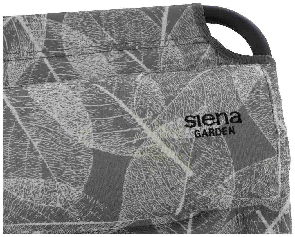 Ein grauer Stoff mit weißen Blättermustern, der Schriftzug 'Siena Garden' ist sichtbar.