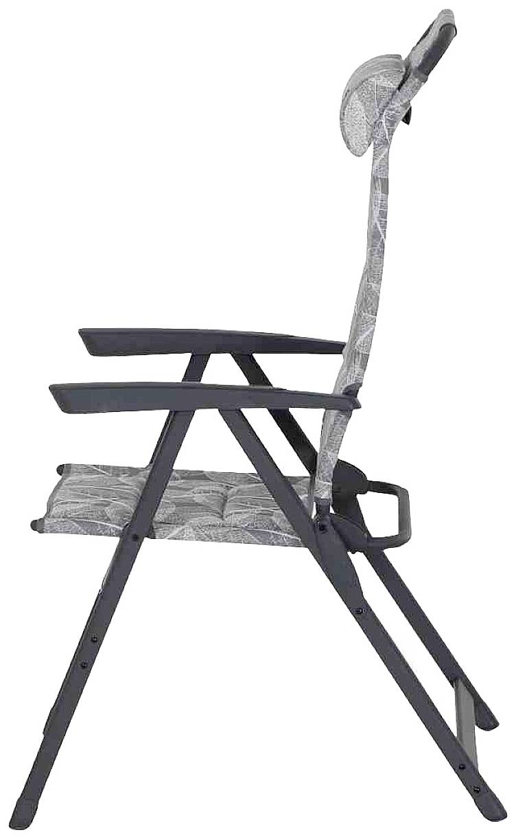 Ein moderner, grauer Klappstuhl mit gepolsterter Sitzfläche und Rückenlehne in seitlicher Ansicht. Ideal für Terrassen oder Gärten.