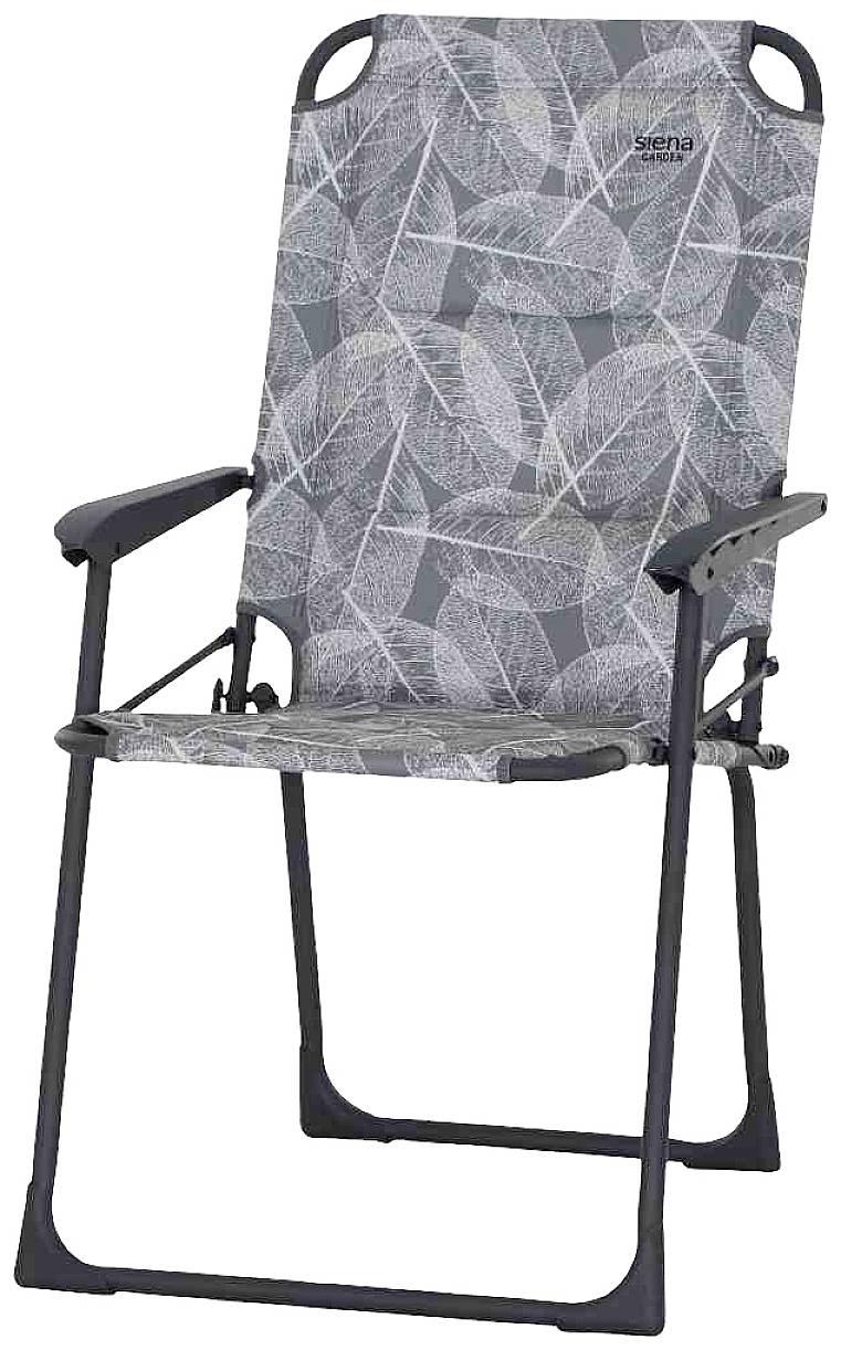 Ein Campingsessel mit einem grauen Gestell und einem Stoffbezug mit Blattmuster.