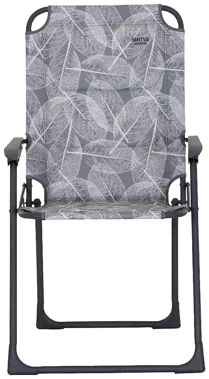 Klappstuhl mit grauem Blattmuster, Armlehnen und schwarzem Metallrahmen.  Ideal für Camping oder Terrasse.
