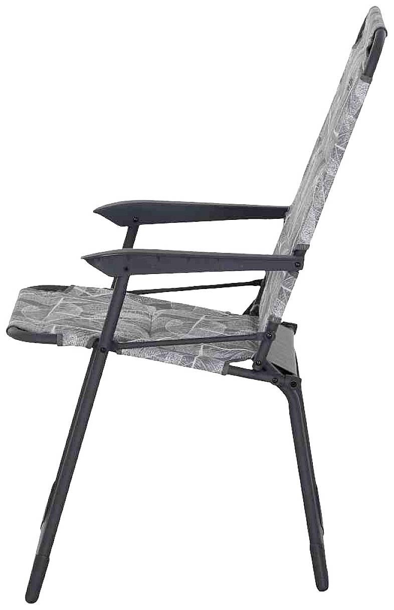 Klappbarer Stuhl aus Metall und Stoff in Seitenansicht, zeigt die Struktur und die Polsterung, geeignet für Camping oder Garten.