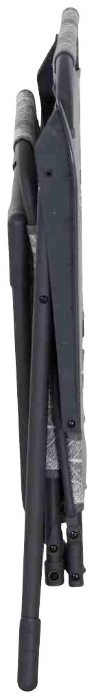 Zusammenklappbarer grauer Stuhl, seitlich gesehen; zeigt schlanke Bauweise und Transportfähigkeit. Geeignet für Camping oder Veranstaltungen.