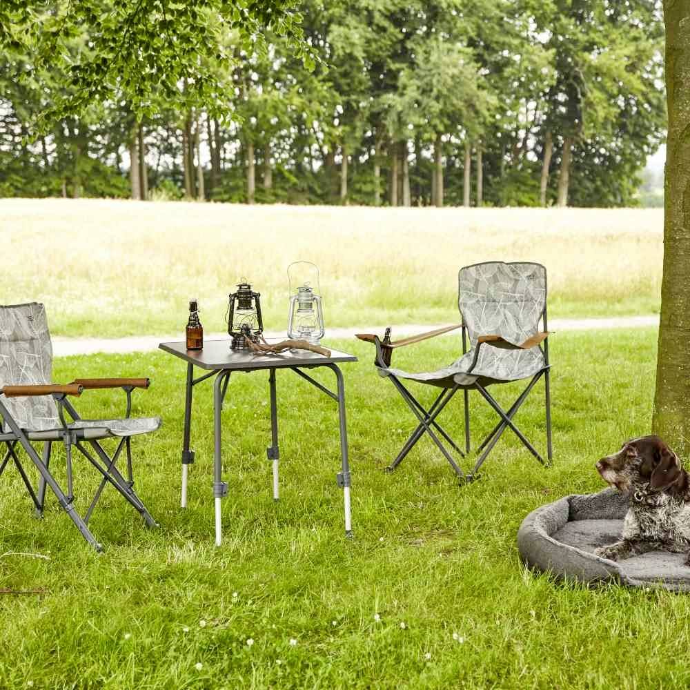 Zwei Campingstühle und ein Tisch mit Getränken stehen auf einer Wiese im Park. Ein Hund liegt auf einem Hundebett neben einem Baum.
