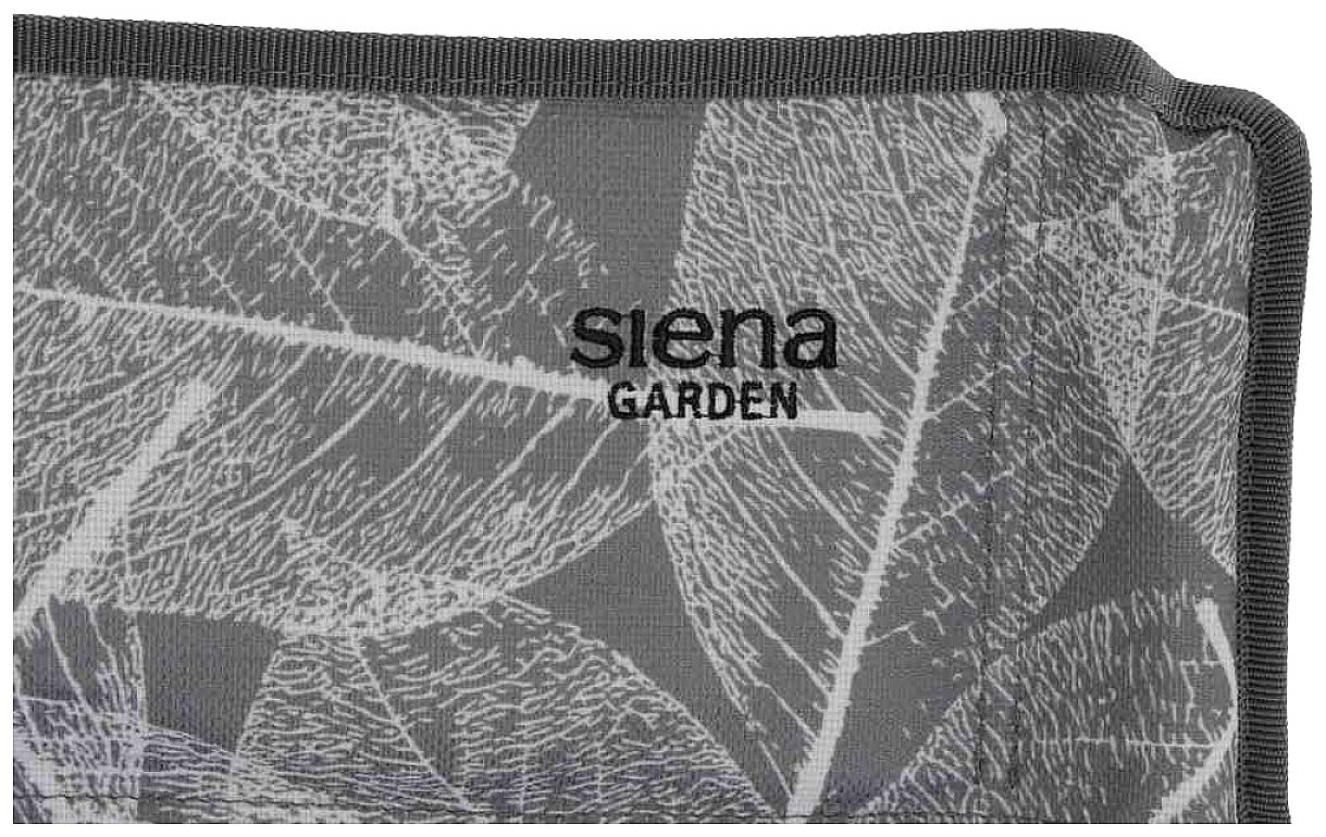 Graues Textil mit Blattmuster, darauf 'siena GARDEN' in schwarzer Schrift gedruckt.