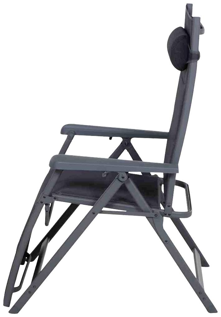 Grauer Klappstuhl aus Metall mit Armlehnen und Rückenlehne, seitliche Ansicht. Ideal für Garten oder Camping.