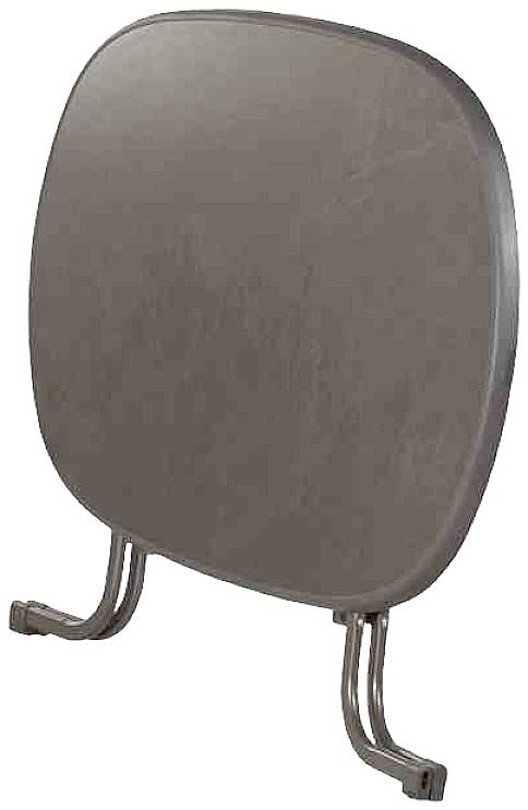 Klappbarer Tisch mit ovaler Holzplatte und Metallbeinen. Tischplatte steht senkrecht, Beine sind zusammengeklappt.